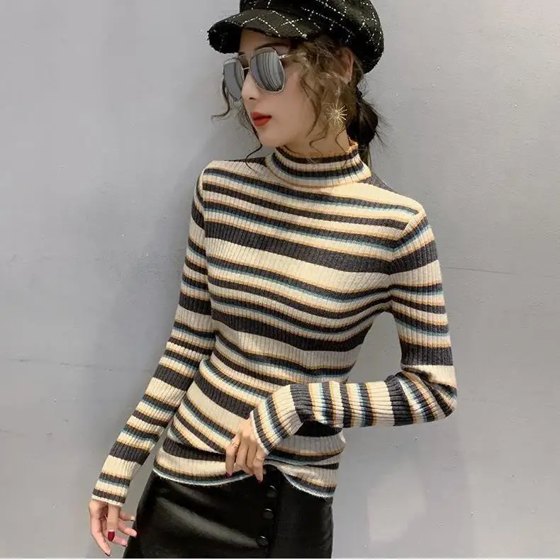 

2020 new autumn and winter thin half-high collar stripe sweater matching color with foreign undergarment women