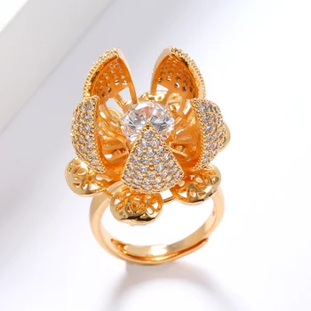 

LUALA Creative Beautiful Flower Bud Bloom Switch Adjustable Ring AAAA Zircon Charm Jewelry Guarantee Golden Two Years No Black