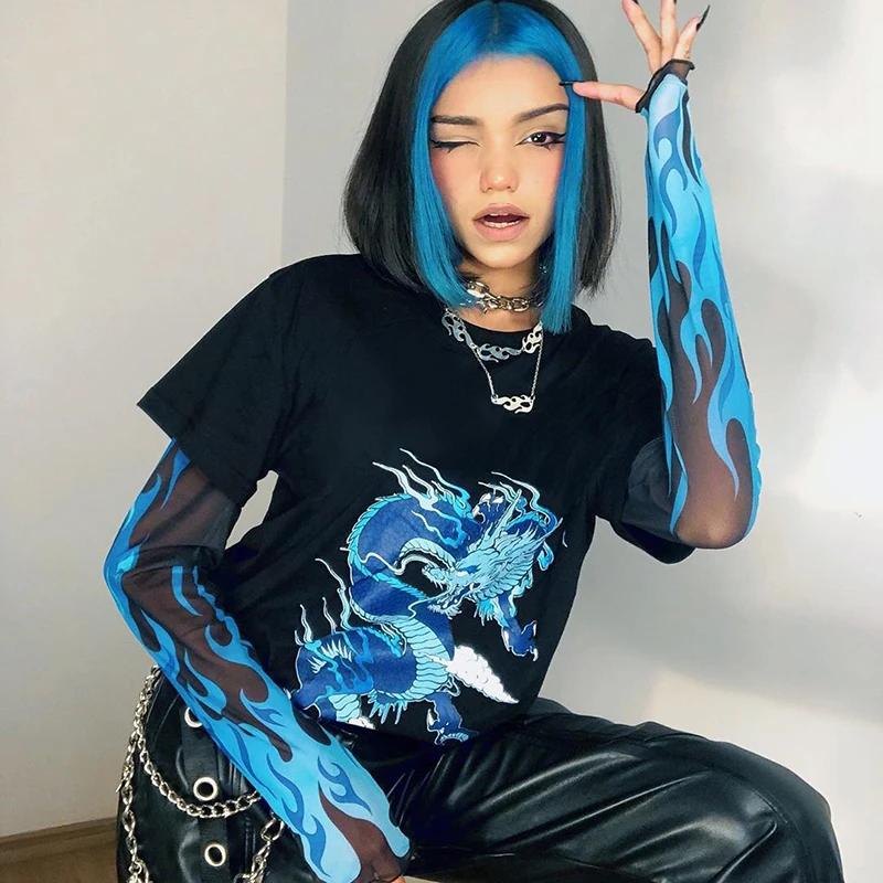 

Fall Shirt False Two Pieces Women Streetwear Patchwork Elastic Party Clothes Round Neck Loose Warm Dragon Printed Pullover Top