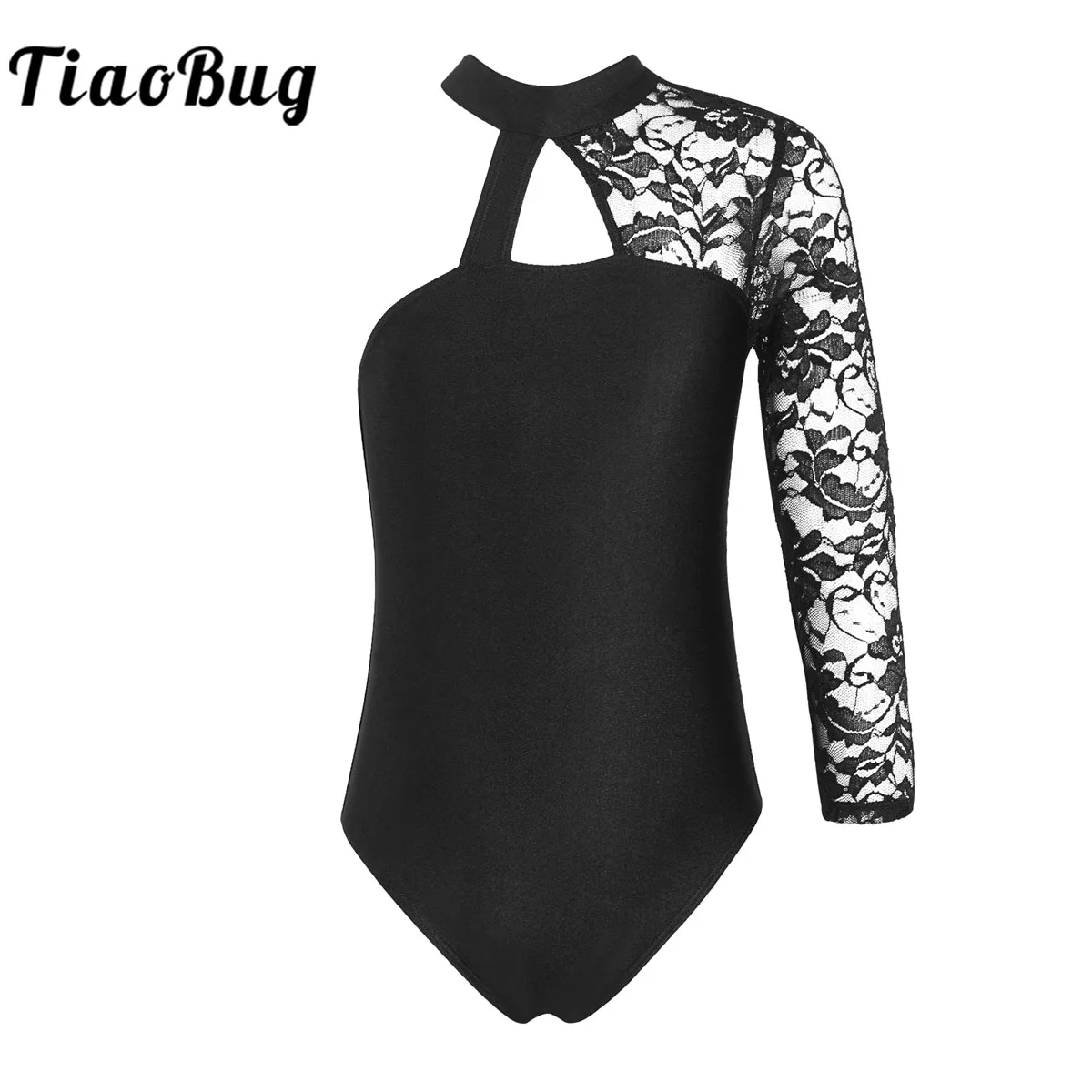 Kids Girls Gymnastics Workout Ballet Leotard Dancewear Asymmetrical Long Sleeve Mock Neck Floral Lace Bodysuit