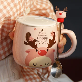 

Christmas elk mug with lid spoon ceramic cup girls ins student Japanese cute cute super cute simple coffee cup