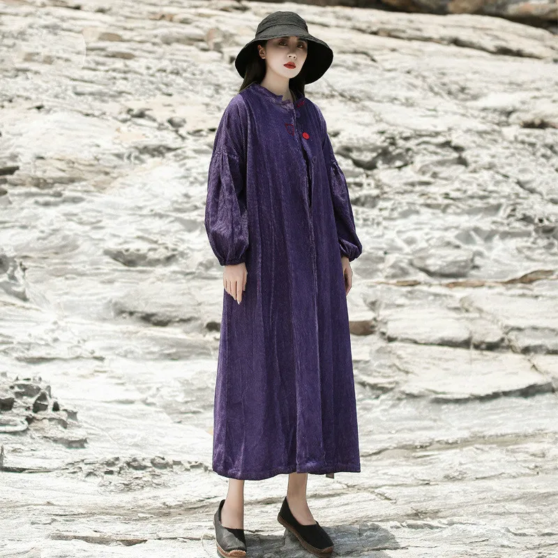 

Johnature New Winter Women Clothes 2019 Leisure Dress Button Loose Vintage Full Sleeve Solid Color Sashes Women Dresses