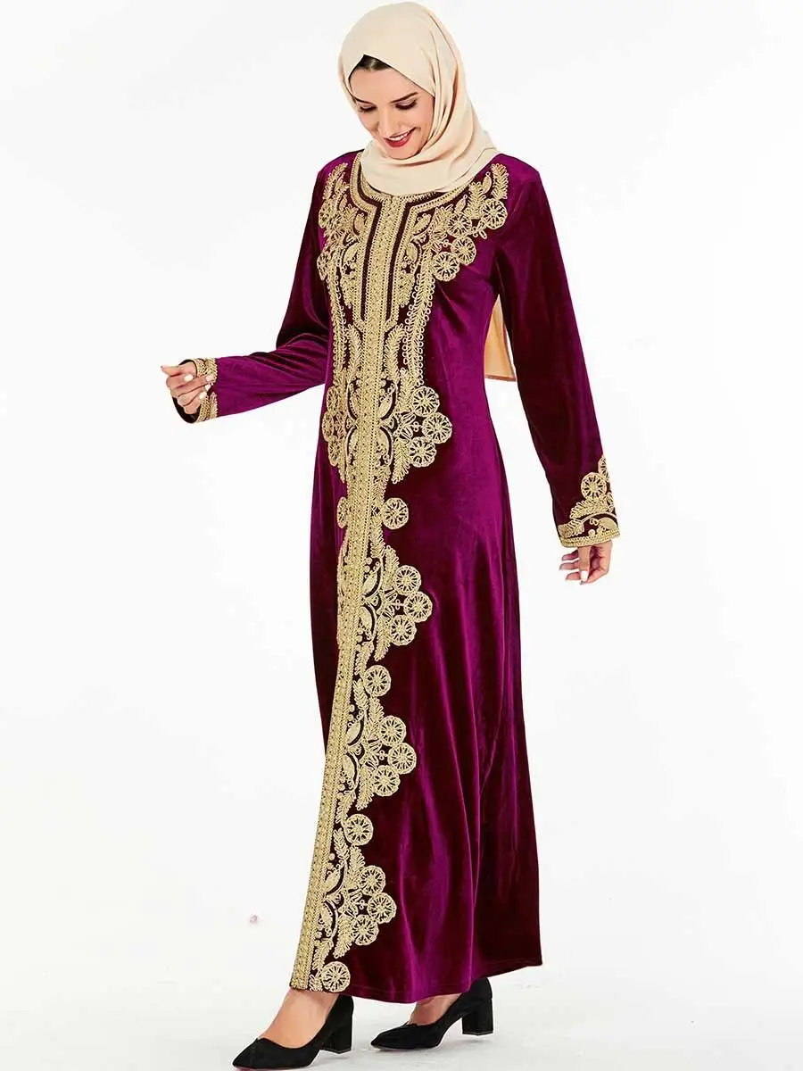 Бархатное мусульманское женское длинное платье Теплый кафтан вышивка свободный исламский джильбаб женское платье макси осень зима Дубай платья Мода