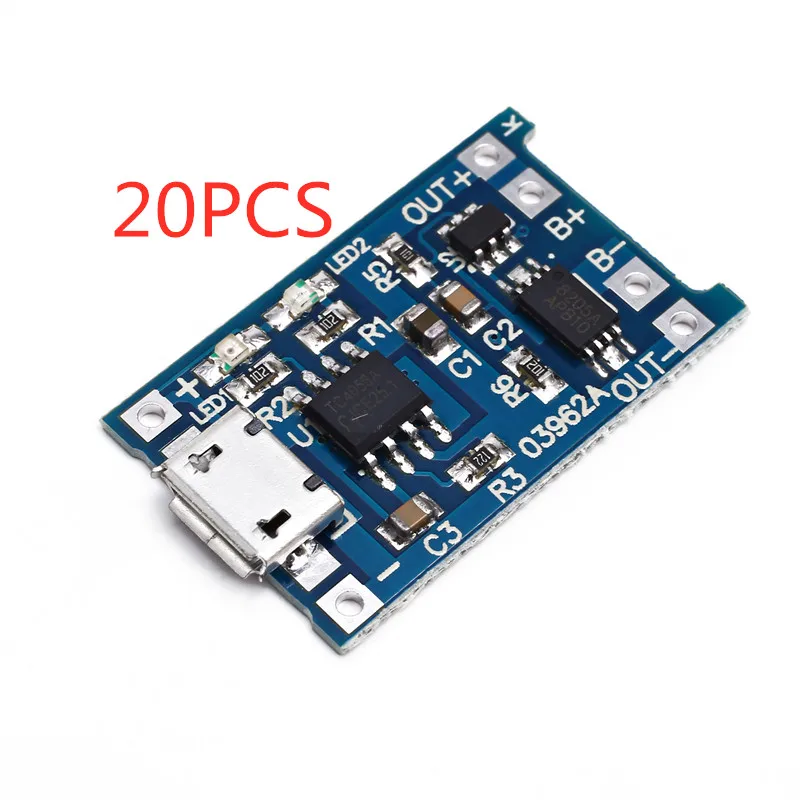 20pcc Micro USB 5V 1A 18650 литиевый модуль зарядного устройства аккумулятора зарядная плата с защитой двойные функции 1A li-ion