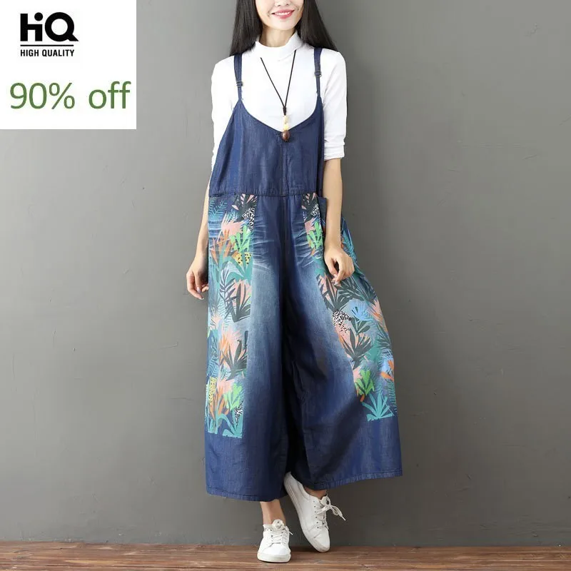 

2020 Summer New Printing Flower Denim Overalls Women Loose Fit Casual Wide Leg Pants Bleached Womens Rompers Jumpsuit Free Size