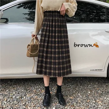 

Japanese Style Vintage Plaid Long Skirt For Women Streetwear Zipper Elastic High Waist Woolen Skirts 2020 Winter