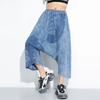 

LANMREM 2020 Spring Summer New Arrivals Mid Waist Print Pattern Women Fashion Casual Streetwear Denim Harem Pants AW51402