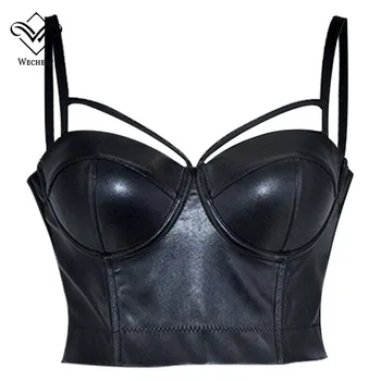

Wechery Cut Corset Top Women Fashion Hollow Out Corsets Plus Size Black Spaghetti Strap Tops for Woman Leather Material