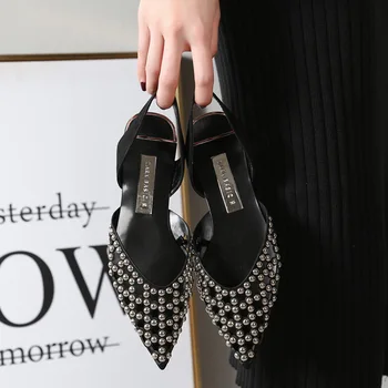 

Z* Original Single Pointed Toe Hollow Sandal Large women's shoes Slingbacks Rivet Back empty Women Flat shoes