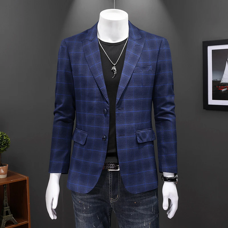 Элитный бренд для мужчин с длинным рукавом Клетчатый костюм куртка синего