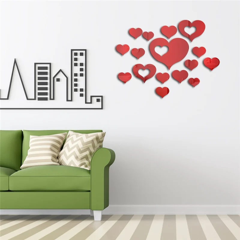 3D Mirror Wall Sticker Heart Shaped Mirror Wall Stickers Removable DIY Wall Poster Decor For Home Living Room