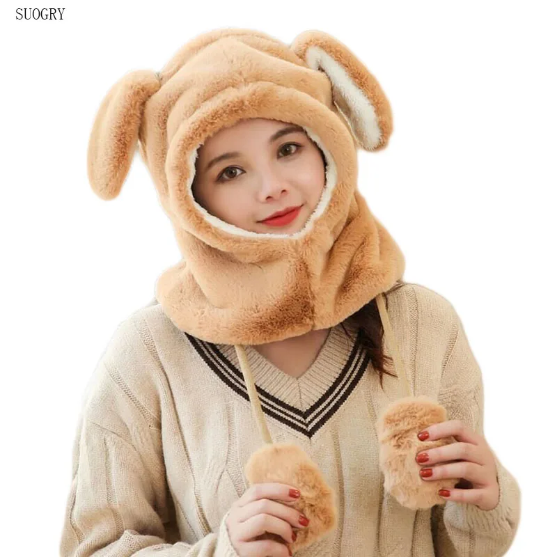 

SUOGRY Cute Bear Shaped Winter Accessories Hat Scarf Set Lady Soft Fleece Earflap Cap Windproof Hat with Scarf Women Winter Set