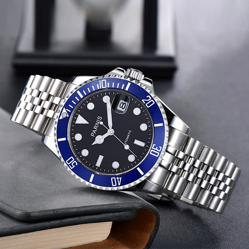PARNIS 40mm Automatic Men's Wristwatch MIYOTA 8215 Movement JUbilee Bracelet Black Dial Sapphire Glass Auto Date afbeelding