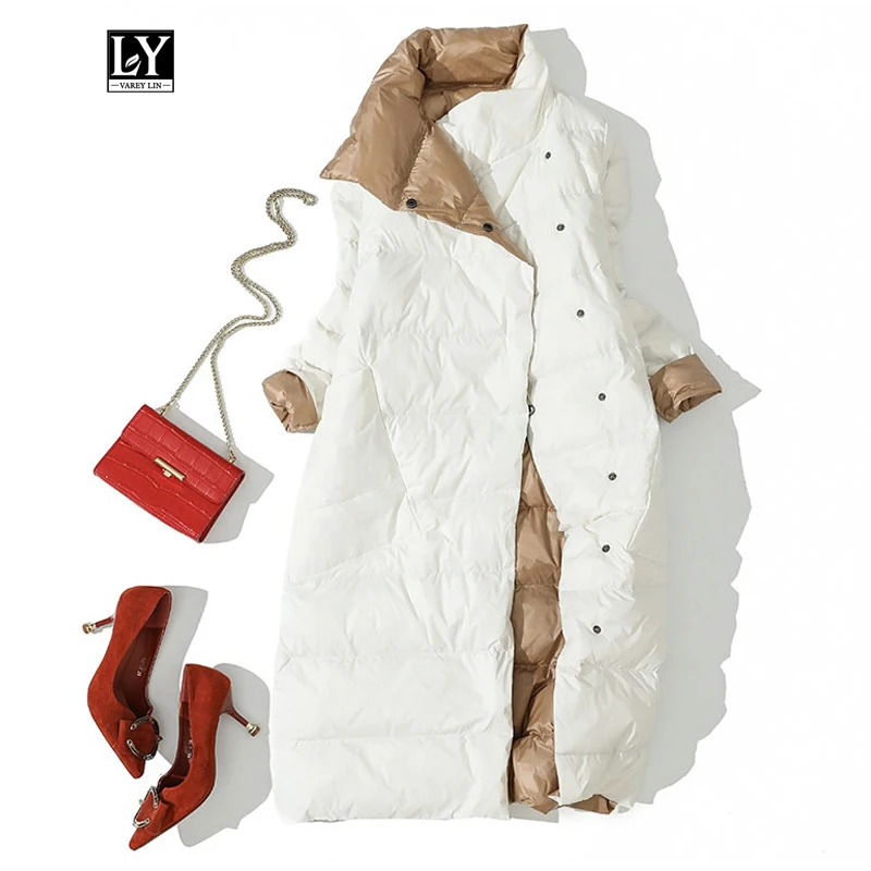 

Ly Varey Lin Winter Women Ultra Light Double Side Down Long Jacket Turtleneck Double Breasted Warm White Duck Down Parka Outwear