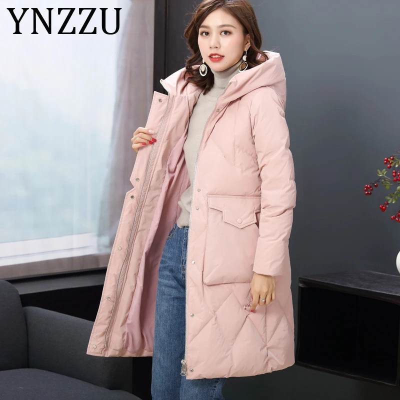 YNZZU зимняя женская пуховая куртка однотонная розовая зеленая длинная стильная повседневная куртка на утином пуху теплая Женская свободная одежда A1259