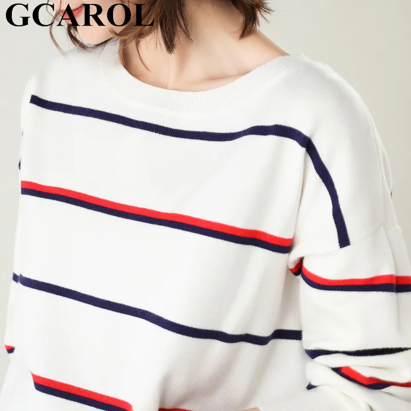 GCAROL женский свитер из 30% шерсти в полоску с заниженным плечом, вязаный джемпер большого размера, Повседневная Уличная одежда, вязаный пуловер, трикотаж