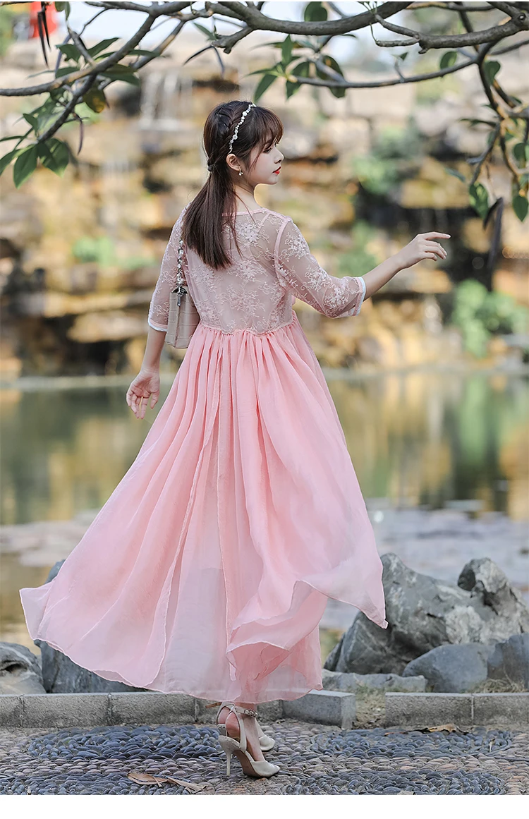 Patchwork Lace-up V-Neck Pink Long Dress + Sling Dress 2 Pc Vintage Loose Hanfu Patchwork Lace-up V-Neck Pink Long Dress + Sling Dress 2 Pc Vintage Loose Hanfu