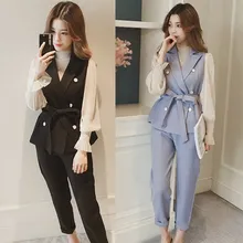 Three Piece Suit for Women Office Lady Sashes Solid Double Breasted Notched Ankle-Length Plus Size Slim Harem Pants High Street