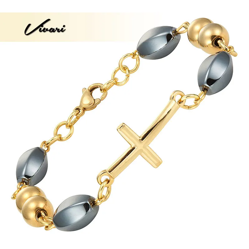 Vivari браслет с золотым крестом из нержавеющей стали с полированным гематитовым бусинами для дам очаровательные модные ювелирные изделия