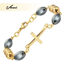 Vivari браслет с золотым крестом из нержавеющей стали с полированным гематитовым бусинами для дам очаровательные модные ювелирные изделия