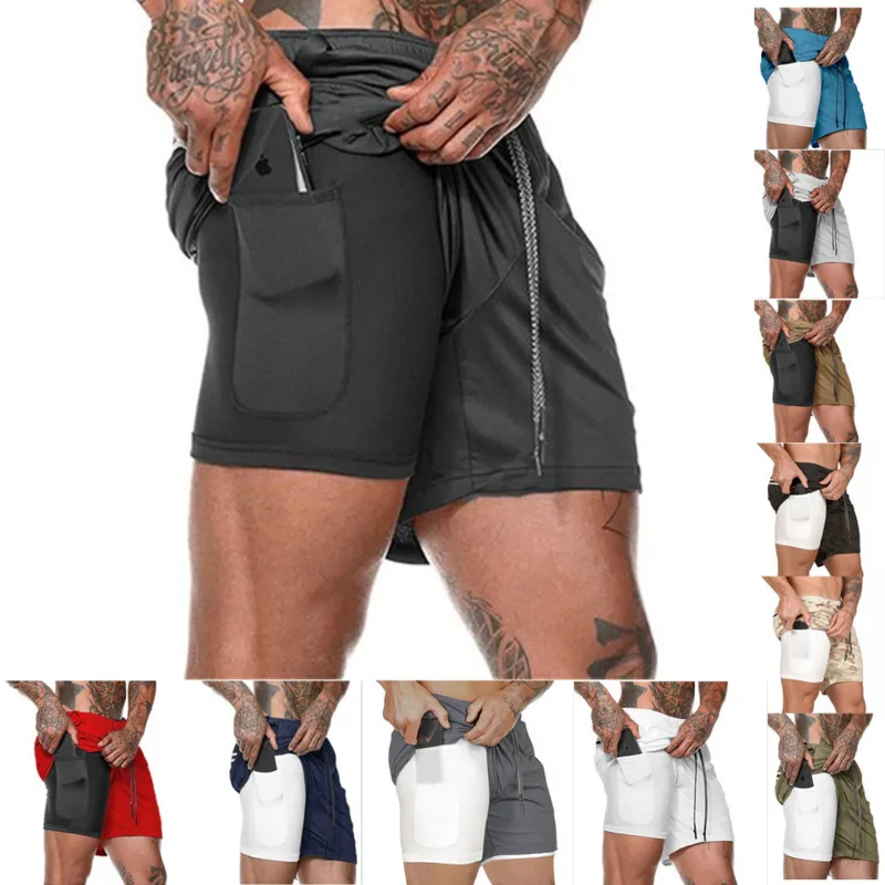 шорты мужские Летние для бега спортивные 2 в 1 фитнеса быстросохнущие Pantalon Corto Hombre