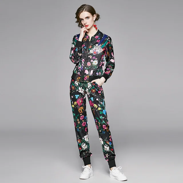 Luxious Floral Printed Autumn Winter Runway Fashion Two Piece Set Women s Causual Pencil Long Trousers Twinset Female