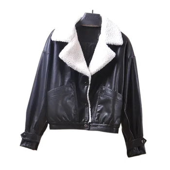 

Young Lady Short PU Jacket Lamb Wool Lapel Padded Cotton Outwear Overcoat Oversized Casual Faux Leather Motorcycle Clothing