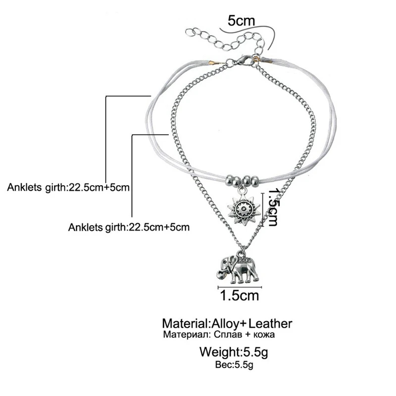 QCOOLJLY Звездные ножные браслеты с подвеской в виде слона браслет для женщин Boho Pendent двухслойный ножной браслет в богемном стиле винтажная бижутерия для ног подарок