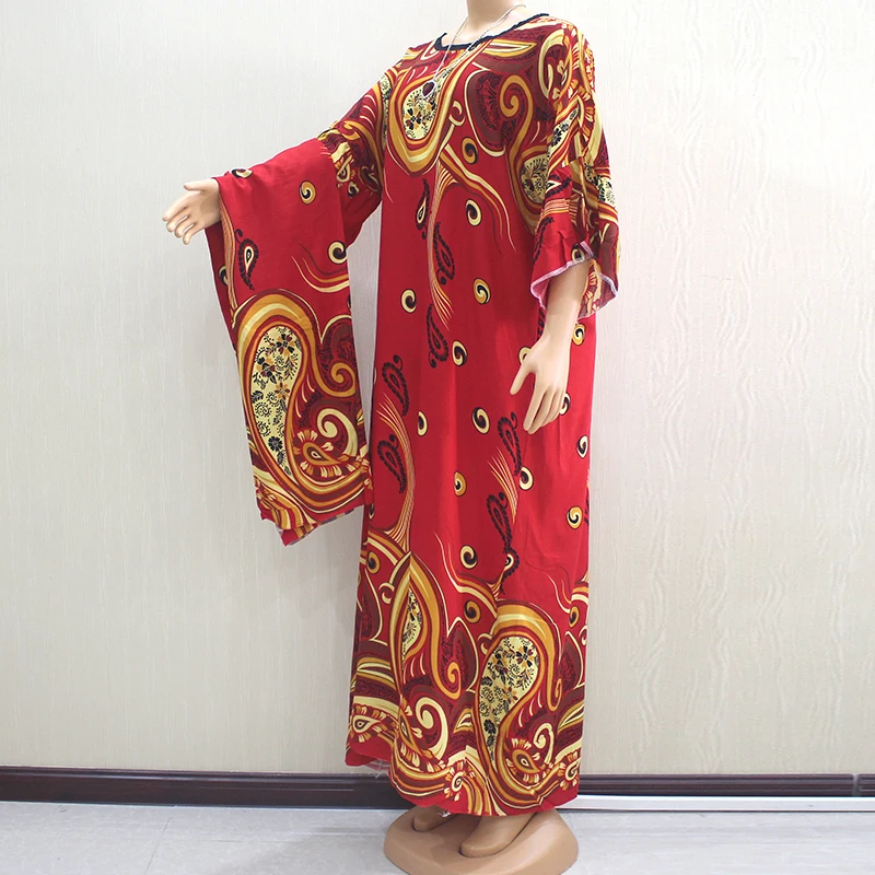 Африканский Дашики высокое качество красный хлопок модный красивый o-образным вырезом женское платье с рукавом-бабочкой длинное платье