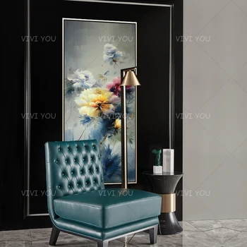 

Colorful Abstract Peony Blue Yellow Gray Sheet Oil Painting Canvas For Room Decor Modern 100% Handmade Picture Painting