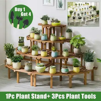 

3/4 Tiers Wooden Plant Stand Flower Pot Shelf Garden Patio Bonsai Display Home Decor with 3Pcs Garden Tools