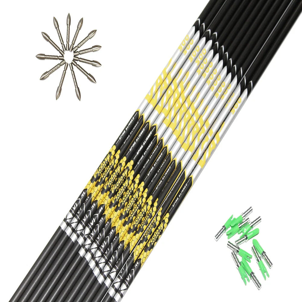 12Pcs Archery Carbon Arrow Shafts ID4.2mm+Pin Nock+Filed Tip For DIY  Recurve Bow