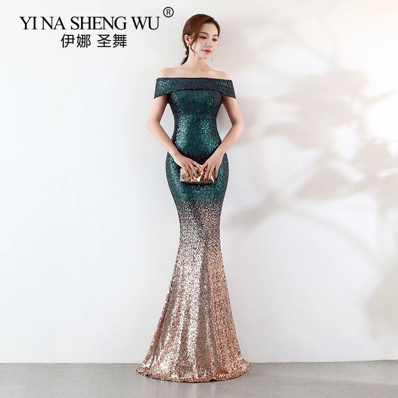 Женское длинное платье с блестками вечернее открытыми плечами и юбкой годе |