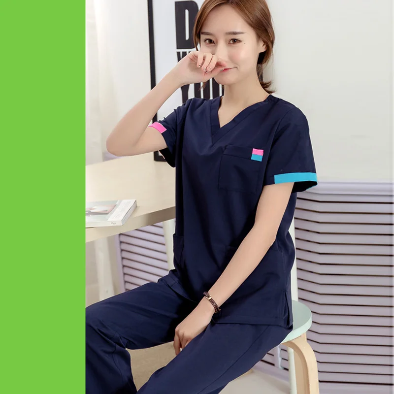 [SET] Women's Fashion Scrubs Set V Neck Contrasting Color Design Pure Cotton Top + Pants