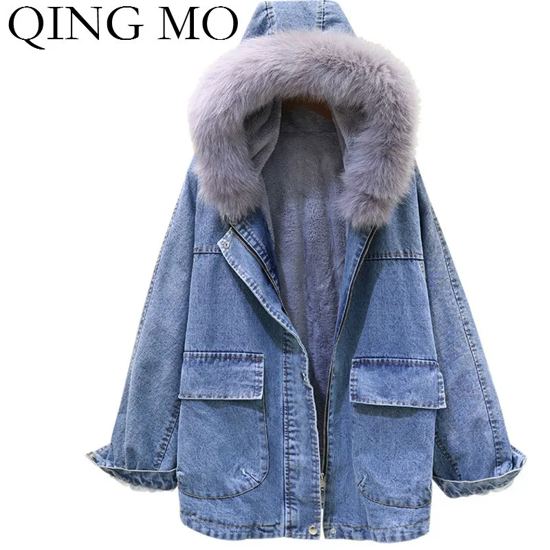 QING MO женское джинсовое Пальто синее черное Женское зимнее плотное теплое пальто с воротником из лисьего меха Женское зимнее офисное Женское пальто ZQY2004