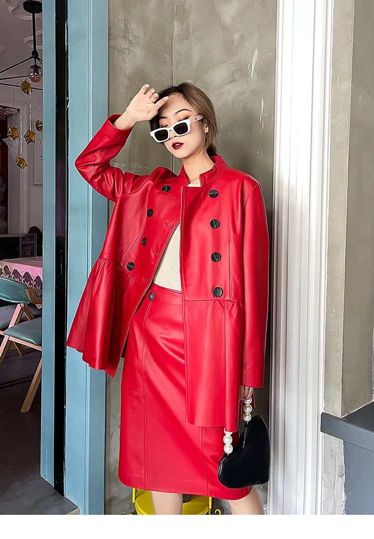 Autumn  Korean Style Women's High Quality Double-breasted Stand Collar Genuine Leather Coat C417