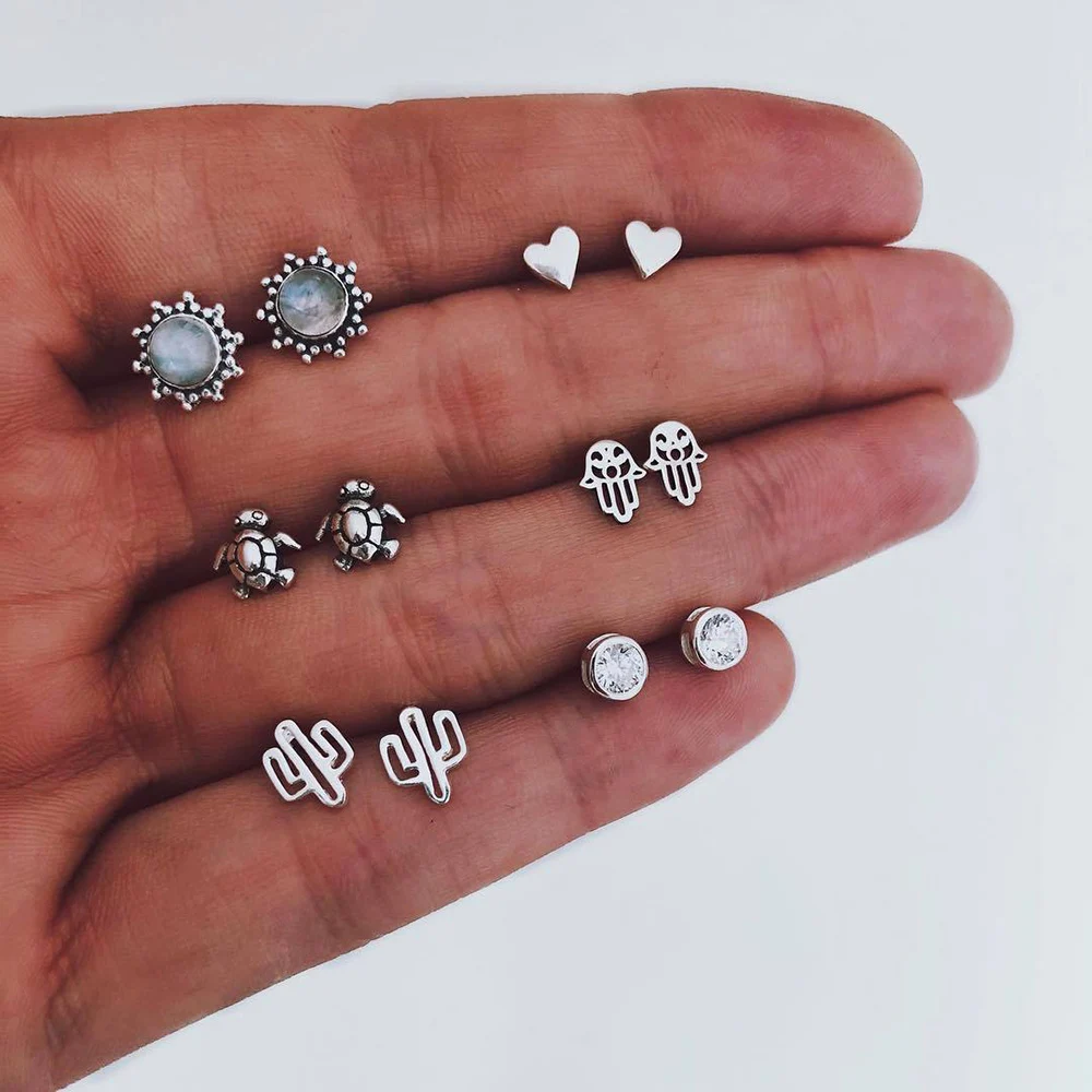 

6 Pairs Retro Bohemian Earrings Cactus Fatima Hand Turtle Stud Earring Set Crystal Gem Heart White Earrings Girl Fashion Jewelry