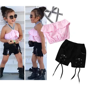 

fashion kids baby girl clothing cotton patchwork ruched tops vest ruffle solid shot pants tie toddler girls clothes 2pcs 1-6Y