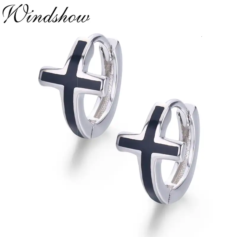 Черный крест 925 серебряные Круги маленькие петли Huggie серьги-кольца для женщин и мужчин ювелирные изделия Aros Artes ohrrringe сережки