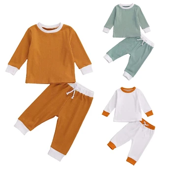 

Infant Kids Baby Girl Boy Ribbed Sportswear Long Sleeves Shirts + Trousers Classic Adjustable Drawstring Ribbed Closure Clothing
