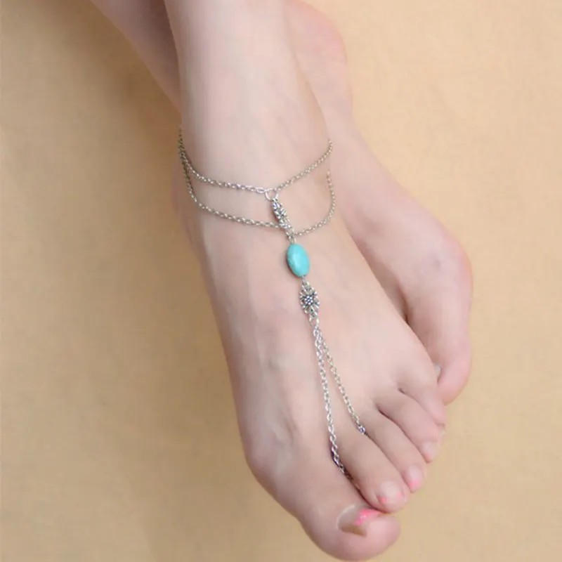 

Summer Beach Foot Ornaments Europe And America Fashion Simple Pierced Engraved Turquoise Tassels Mittens Beach Anklet Ca058