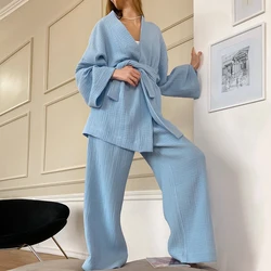 Restve Cotton Women's Nightgown 2 Pieces Set Drop Sleeves Robe Trouser Suits Flare Female Pajamas Autumn Bathrobe For Woman 2021