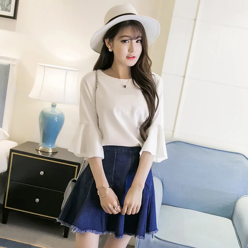 

Large Size Dress Fat Mm Tops 2019 Spring And Summer New Style Korean-style Shirt Bell Sleeve Flounced