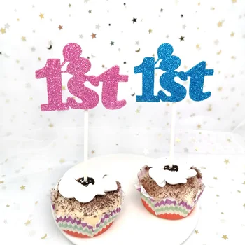 

24pcs Glitter 1st The First Birthday One Year Old Cupcake Toppers Baby Girls Boys Birthday Pink Blue Silver Gold Cake Topper