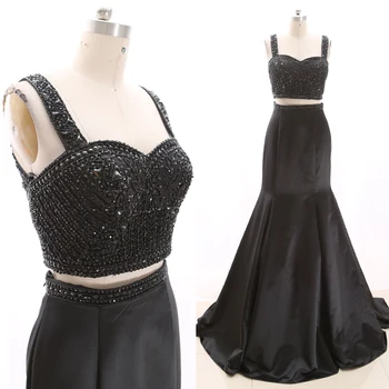 

MACloth Black Mermaid Strap Floor-Length Long Crystal Tulle Prom Dresses Dress M 269123 Clearance