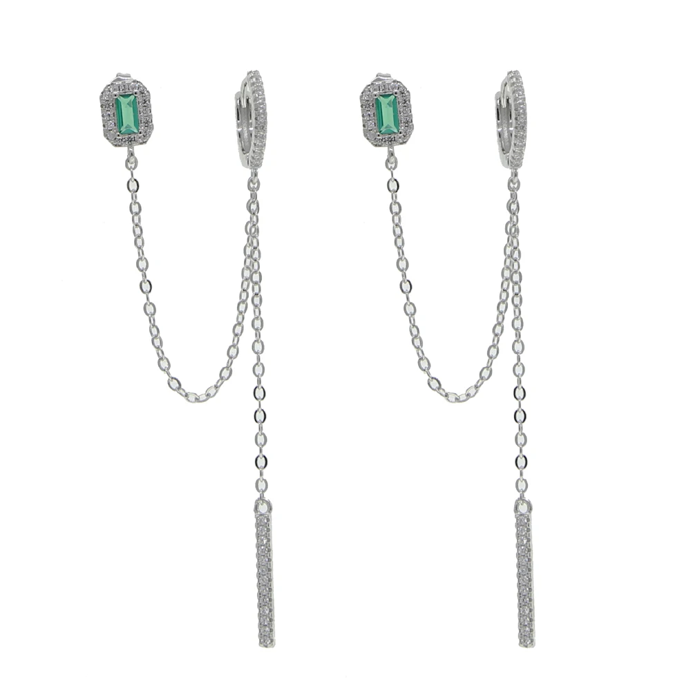 double piercing silver color rose gold clear green rectangle cubic zirconia long chain tassel earring 2020 new 2
