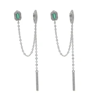 double piercing silver color rose gold clear green rectangle cubic zirconia long chain tassel earring 2020 new 2