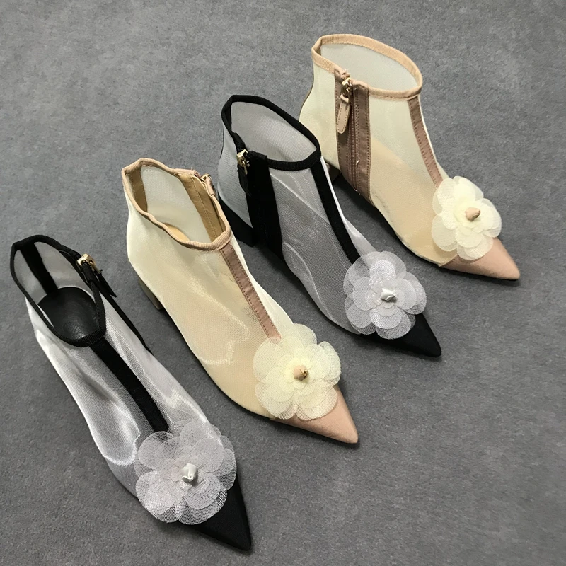 

Brand Elegant 2020 Spring Summer Shoes new Designers camellia flower Women Boots thick heels hollow mesh breathable cool boots botas mujer