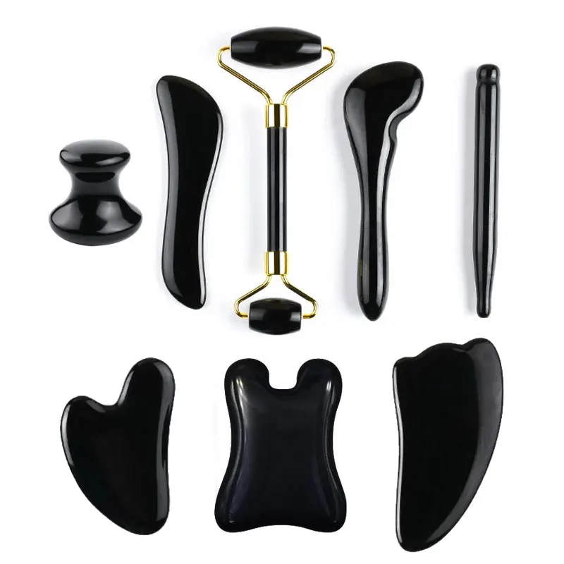 Natural Stone Guasha Massage Scraper Jade Roller Massager Set Facial SkinCare Tool