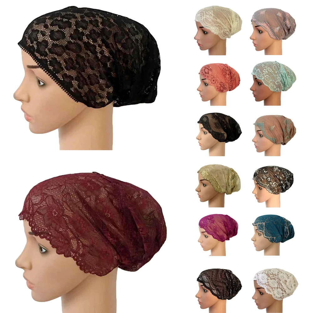 

Women Muslim Elastic Lace Bandage Hat Muslim Inner Caps Islamic Indian Turban Cancer Headwear Underscarf Hats Middle East